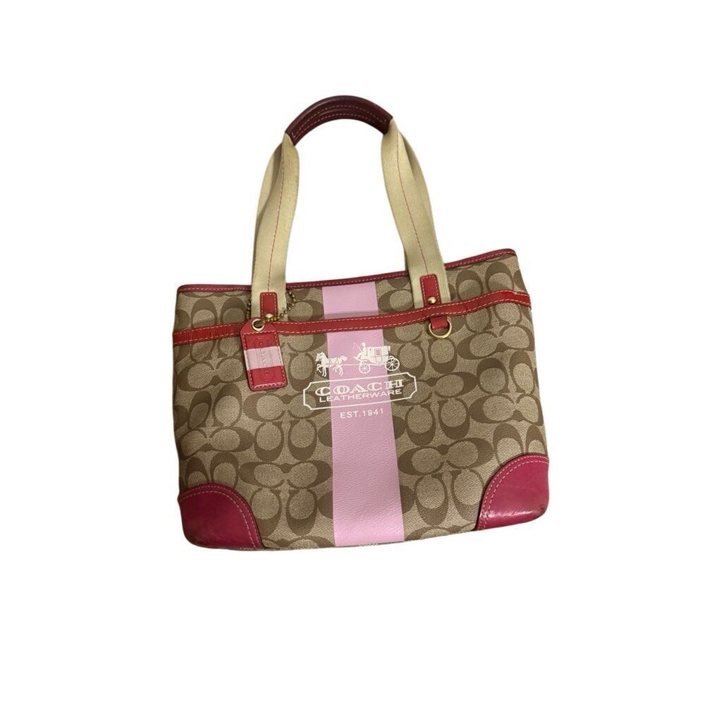 Coach Women's Leatherware Signature Canvas Heritage Shoulder Handbag Tan Pink